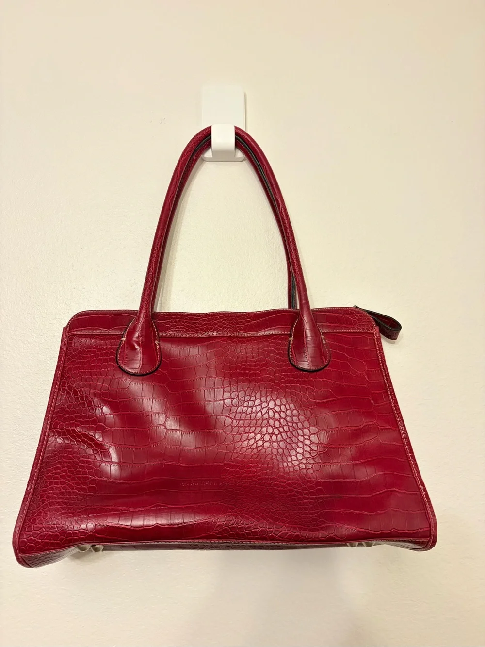 Red Croc Embossed Satchel Handbag 3 Buckle Pockets Structured Tote